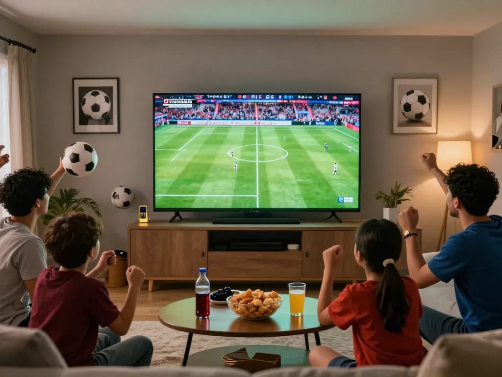 Watch live football matches at https://cakhiatvz.live/, a vibrant scene showing fans in a cozy living room fully engaged and cheering.