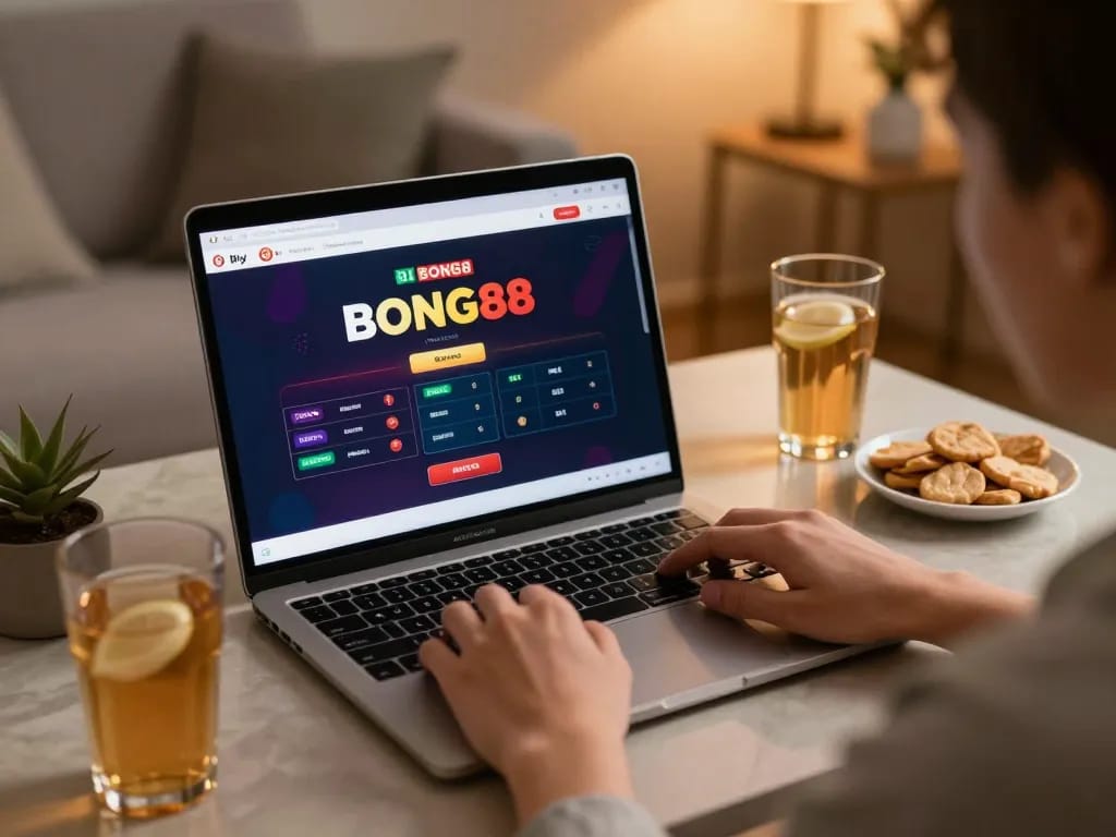 BONG88 online betting interface displayed on a laptop, showcasing a strategic gaming moment with drinks and snacks.