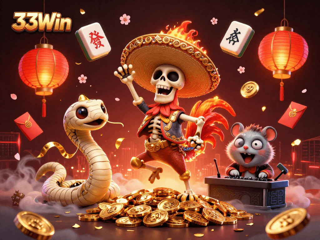 Experience the excitement of 33Win with vivid characters and dynamic casino symbols in a colorful illustration.