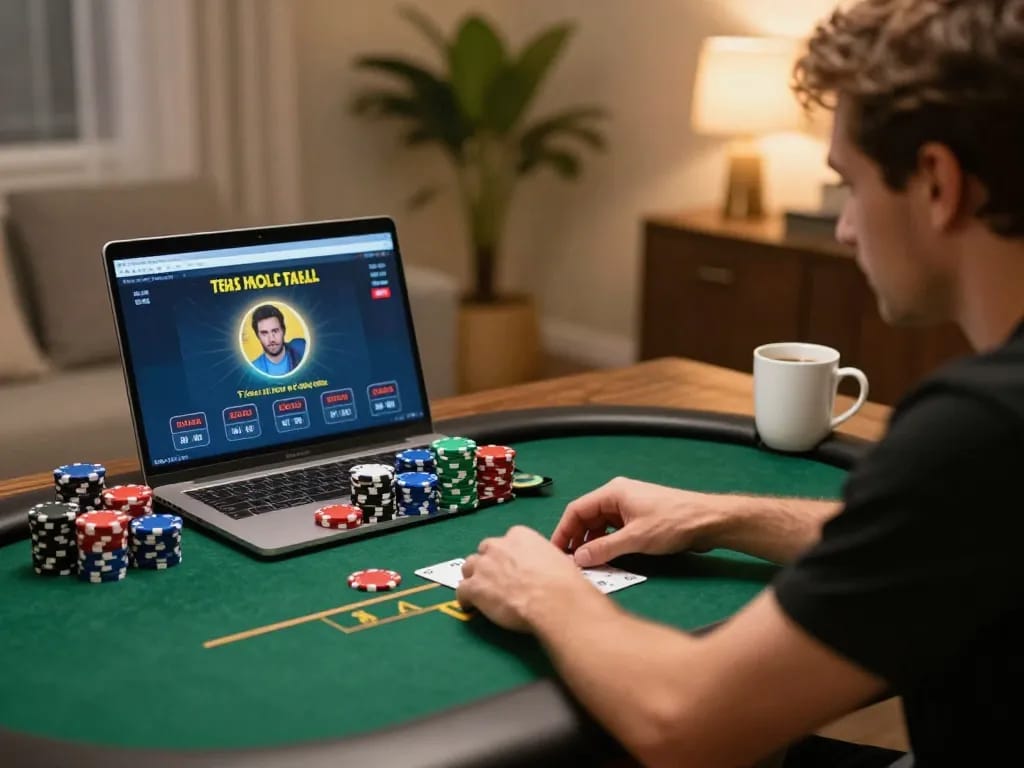 Playing Texas Hold'em online on 98win vin, showcasing strategy and focus in a cozy home setting.
