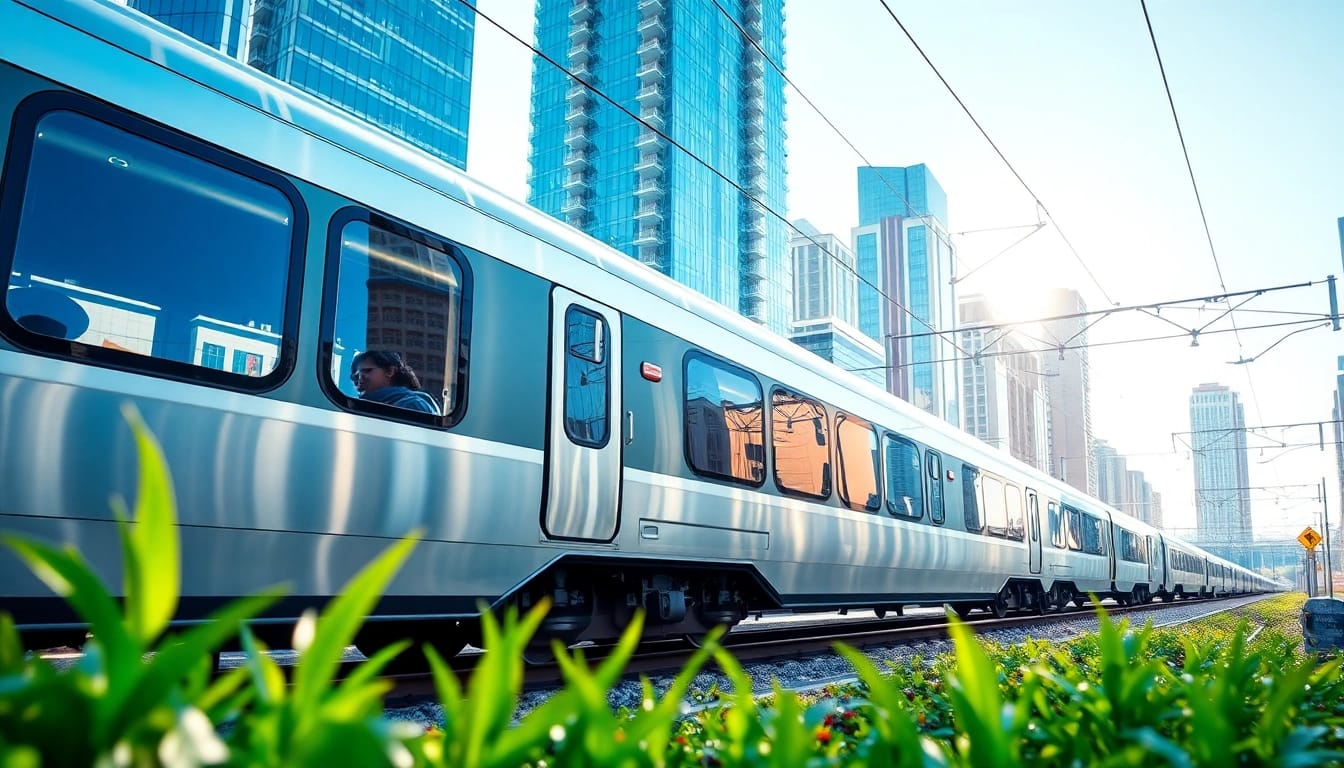 Exciting rail systems in action with a modern train traversing a vibrant urban landscape.