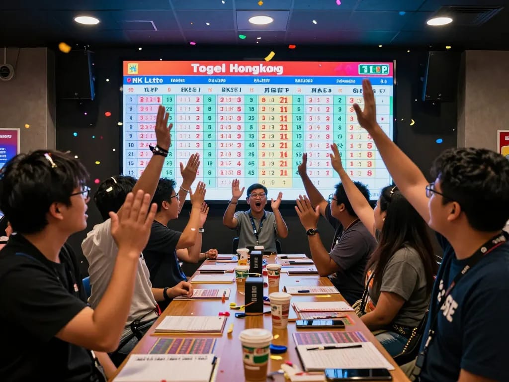 Excited players celebrating live HK Lotto draw results, capturing the thrill of Togel Hongkong.