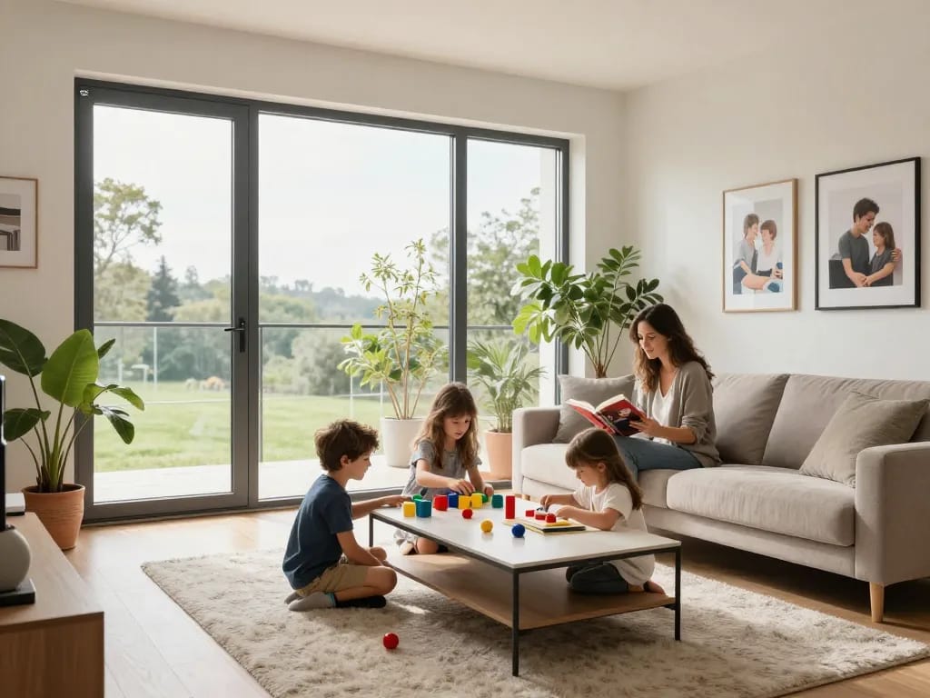 Helles Wohnzimmer mit fenster schüco Fenstern, Familie genießt gemeinsam Zeit von hoher Qualität.