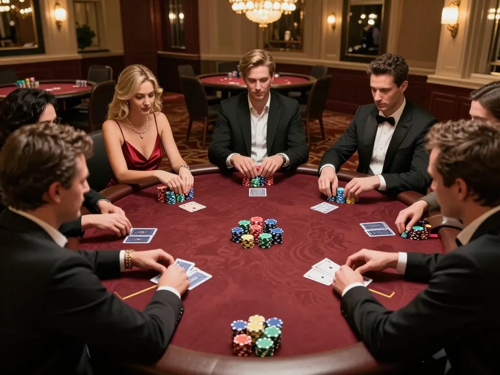Players engaged in serious poker at upscale casino, showcasing da88's gaming strategy environment.