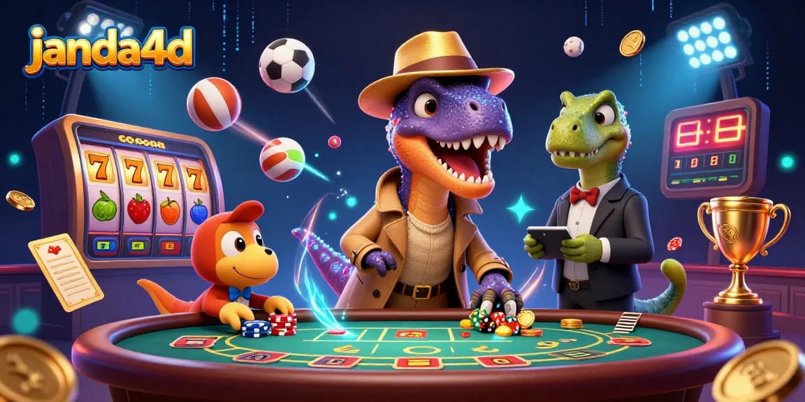 Menangkan permainan di janda4d dengan kartun dinosaurus yang bermain slot dan kasino, dikelilingi elemen perjudian.