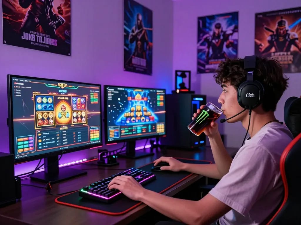 Enthusiastic gamer engaging with ligasedayu's online games at a vibrant gaming setup.