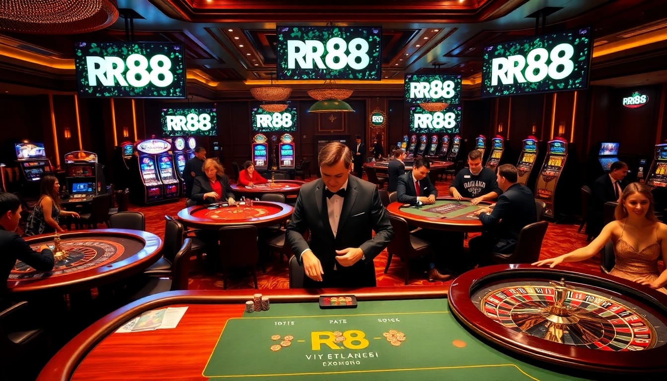 Experience thrilling gaming action at RR88 with poker chips, cards, and roulette wheels.