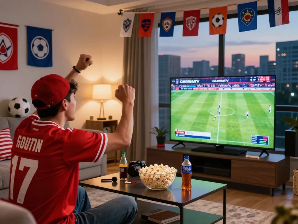 Cakhiatv sports fan celebrating in living room during a live football match broadcast.