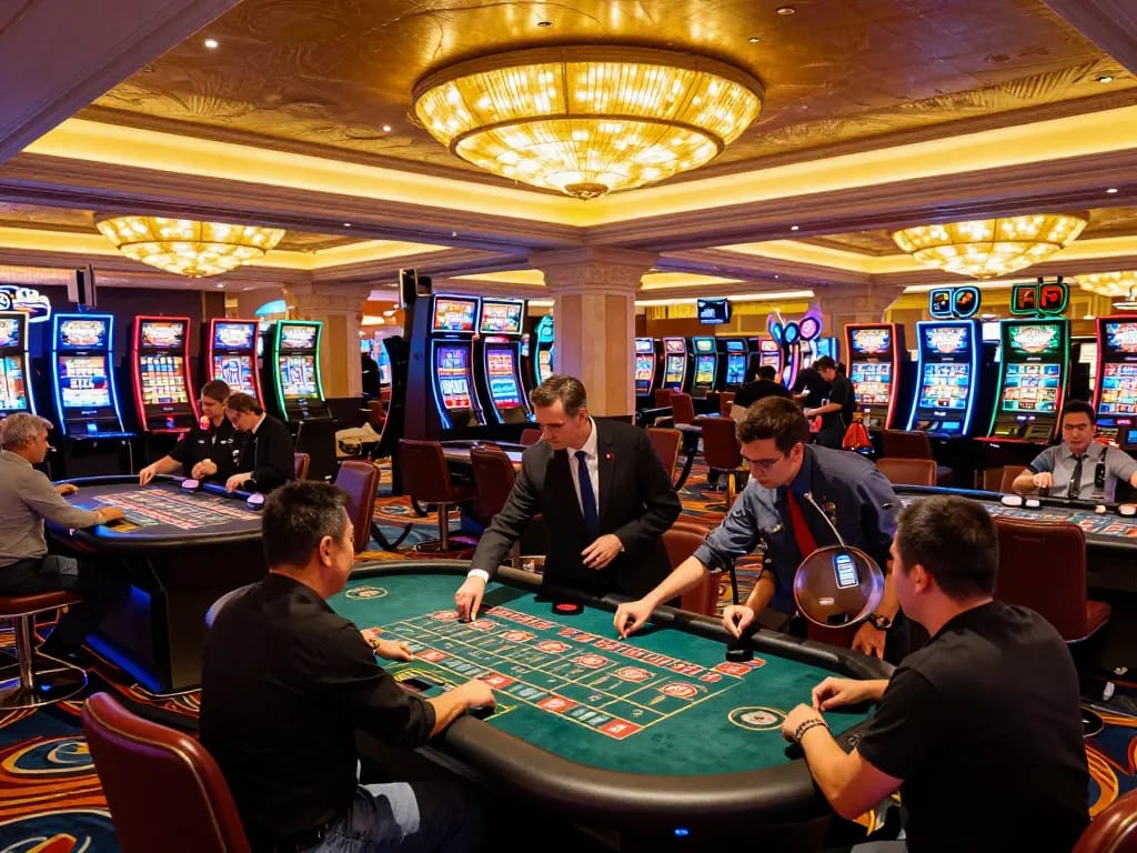 Players engaging at the vibrant SC8885 casino floor roulette tables, surrounded by excitement and strategic bets.