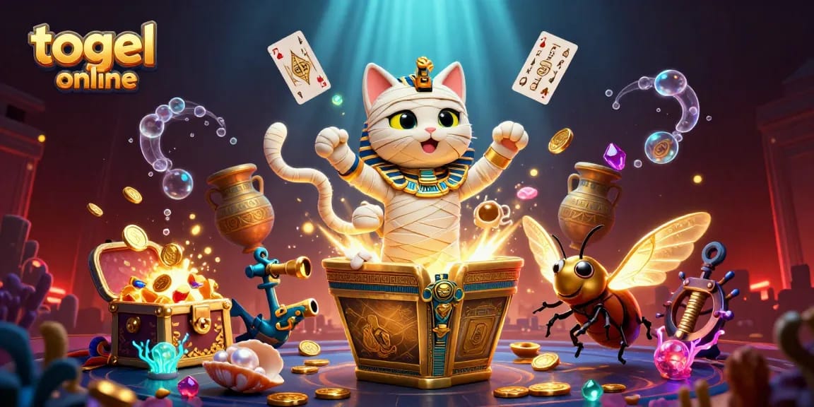 Bermain togel online dengan suasana kasino yang penuh warna dan karakter unik seperti kucing mumi Mesir.
