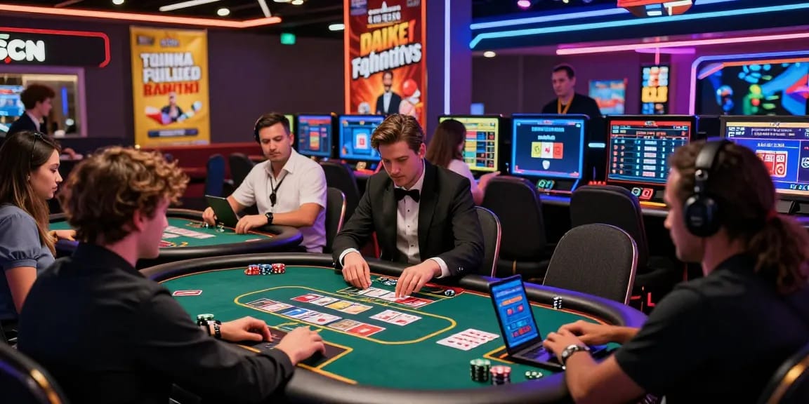 Exciting online gaming atmosphere showcasing game bài đổi thưởng uy tín with diverse players enjoying Poker and Xì Dách, illuminated by neon lights.