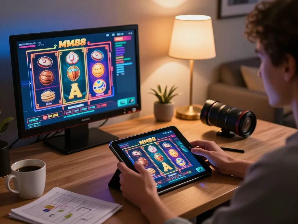 Engaging in online gaming at home with MM88 on tablet, showcasing responsible gambling.