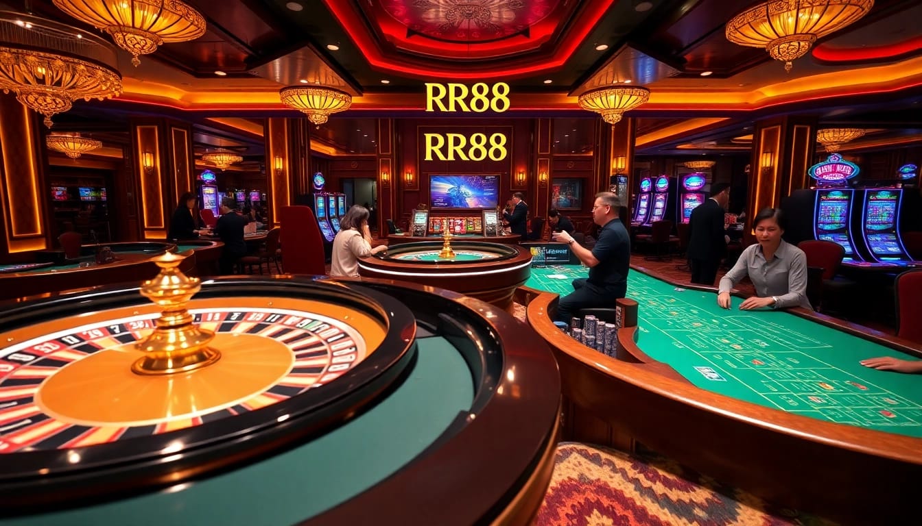 Experience the thrill of RR88 with players at roulette and poker tables in a vibrant casino atmosphere.