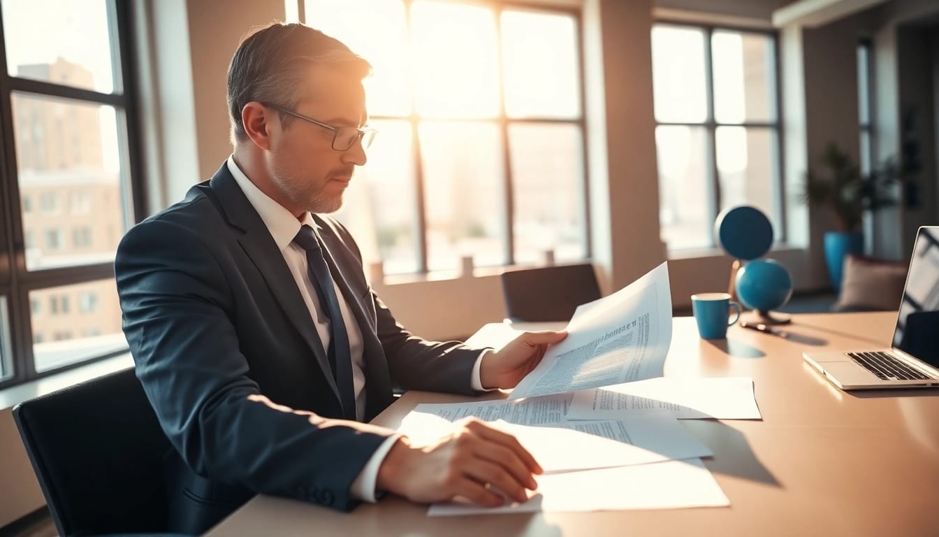 Verifying Aufhebungsvertrag prüfen with a lawyer at a desk amidst legal documents.