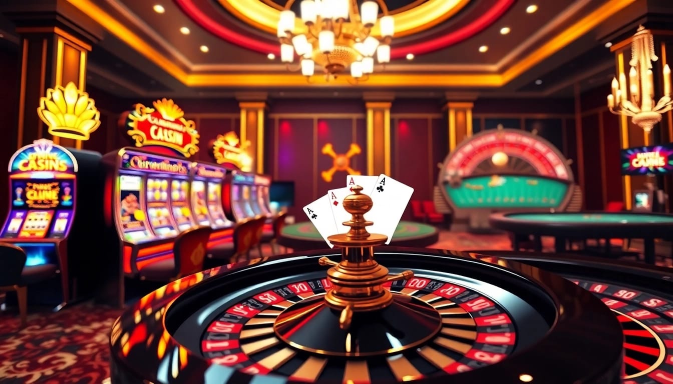 Engaging gaming experience at https://luckywin.fan/ featuring poker tables and vibrant slot machines.