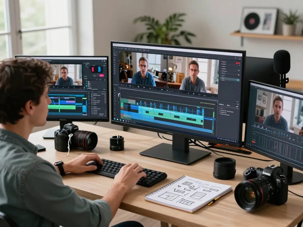 Innovative workspace for video to prompt technology analysis, displaying editing software and equipment.