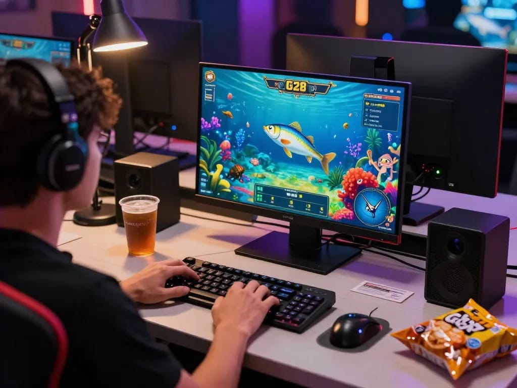 Player immersed in thrilling online 3D fishing game at G28, showcasing action-filled gaming interaction.