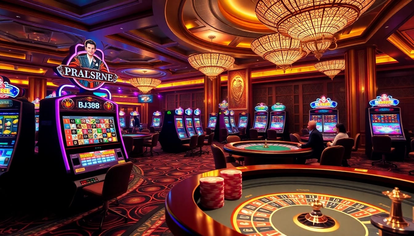 Experience the thrill of gaming at BJ388 with vibrant casino scenes and exciting online action.