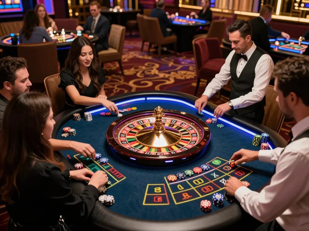 Players enjoying an engaging game of TG88 roulette as the wheel spins in an upscale casino.