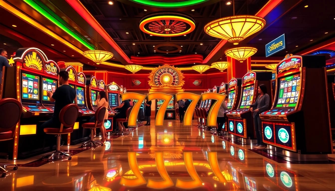 Engaging scene depicting players enjoying thrilling slot 777 machines in a glamorous casino environment.