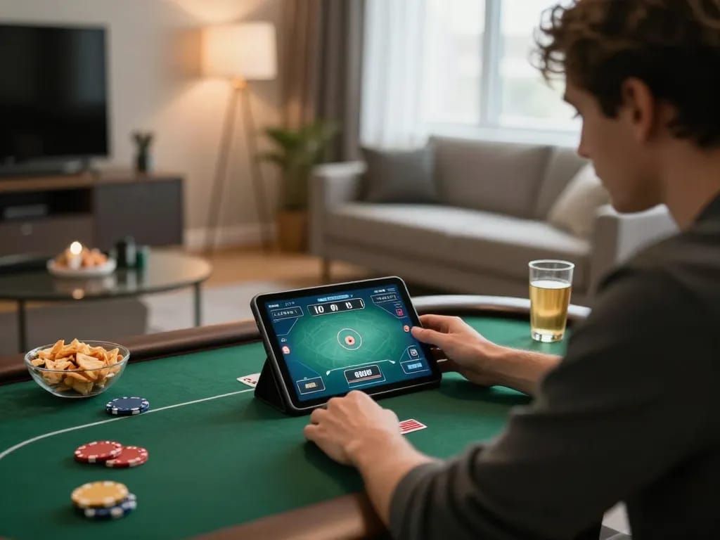 Playing poker on a tablet while seated comfortably at home, enjoying rikvip online gaming experience