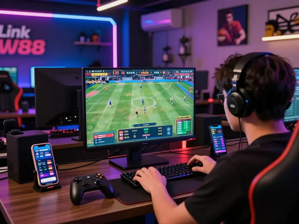 Player enjoying sports betting at Link W88 in an exciting gaming environment with modern decor and live sports display.