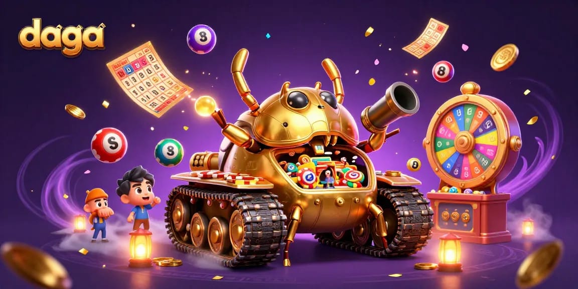 Experience thrilling gameplay at daga with a colorful dynamic casino scene featuring golden elements and lottery balls.