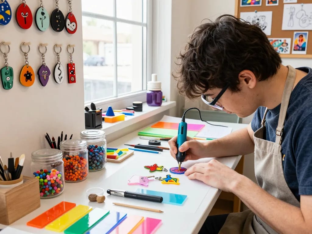 Creative individual designing custom key chains in vibrant craft studio with colorful materials and tools.