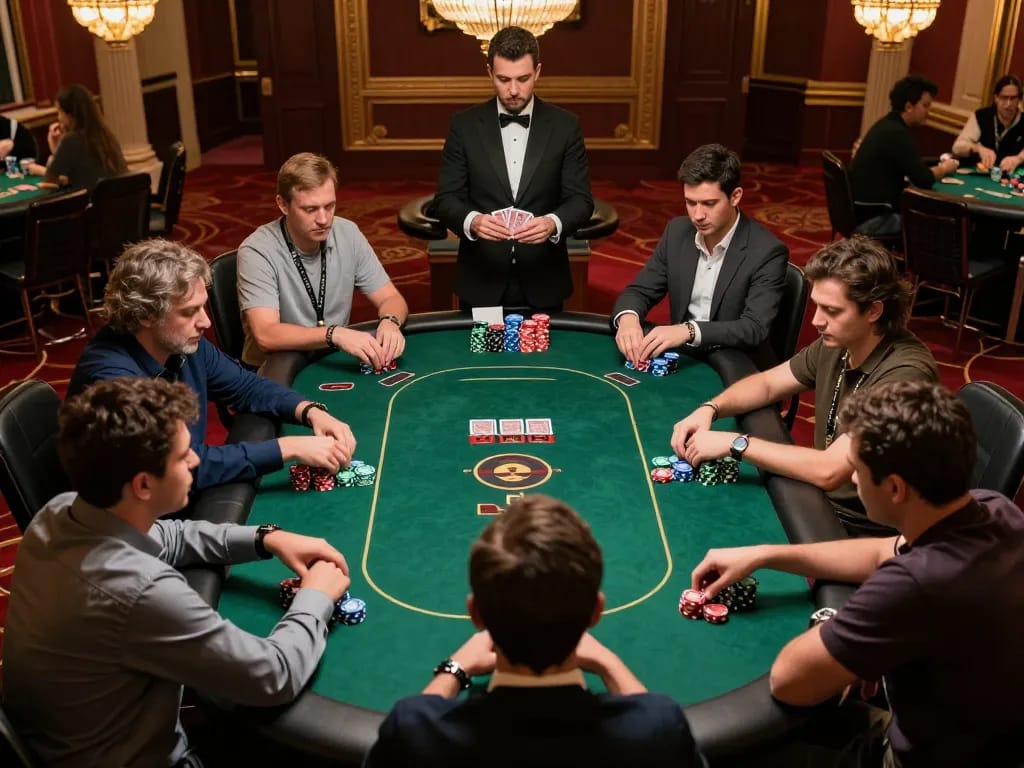 Experience the excitement of 777X poker tournament with intense players and vibrant chips.