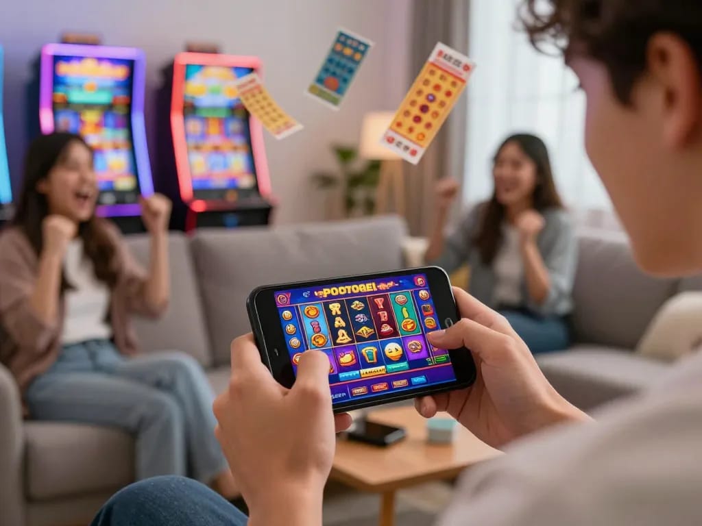 Exciting popotogel gaming experience on smartphone in vibrant living room.