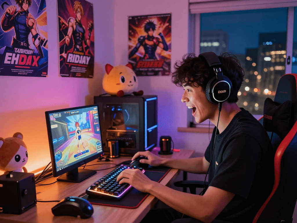 Gamer enjoying a hentai game in a cozy, vibrant room filled with gaming accessories.