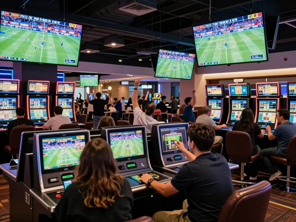 Engaged bettors strategizing at a dynamic casino sports lounge, using link alternatif naga303 to maximize winning chances.