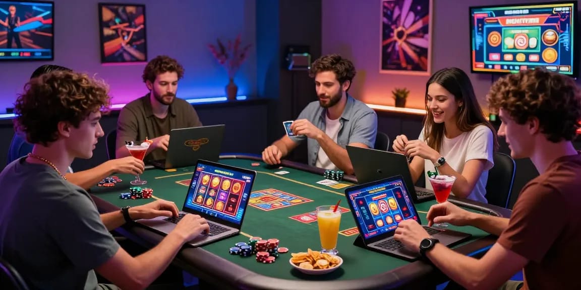 Group enjoying online card games at credit card casinos, featuring vibrant screens and lively atmosphere - https://ieee.org.uk