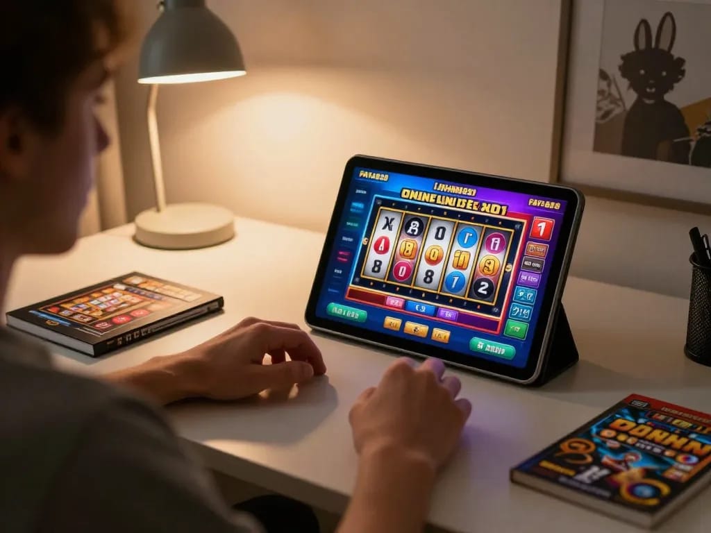 FAFA828 player enjoying online slots on tablet in a cozy home setup with strategic notes.