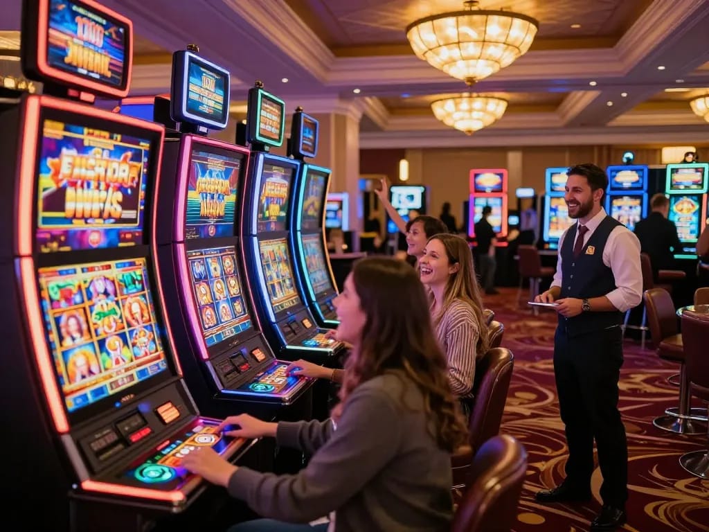 Sparks excitement at situs slot with players celebrating wins among colorful machines.