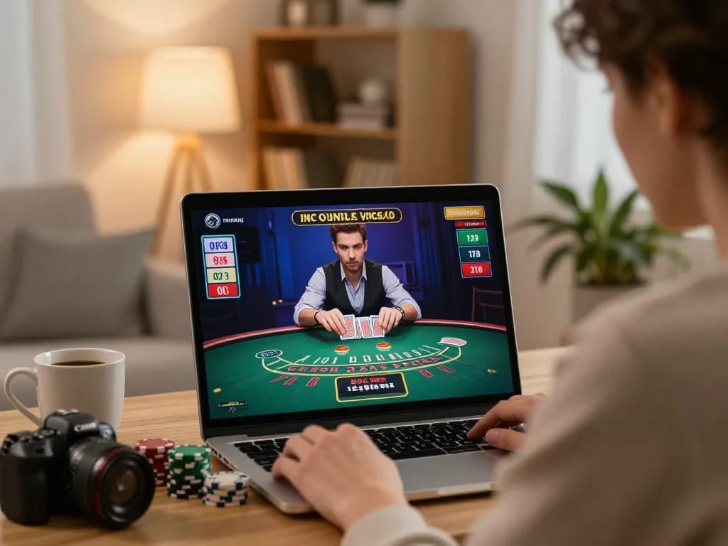 Player enjoying uu88 online casino experience at home, analyzing cards during blackjack game.