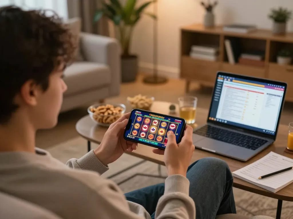 Engaging in online casinos Canada on a mobile device while enjoying a cozy home atmosphere.