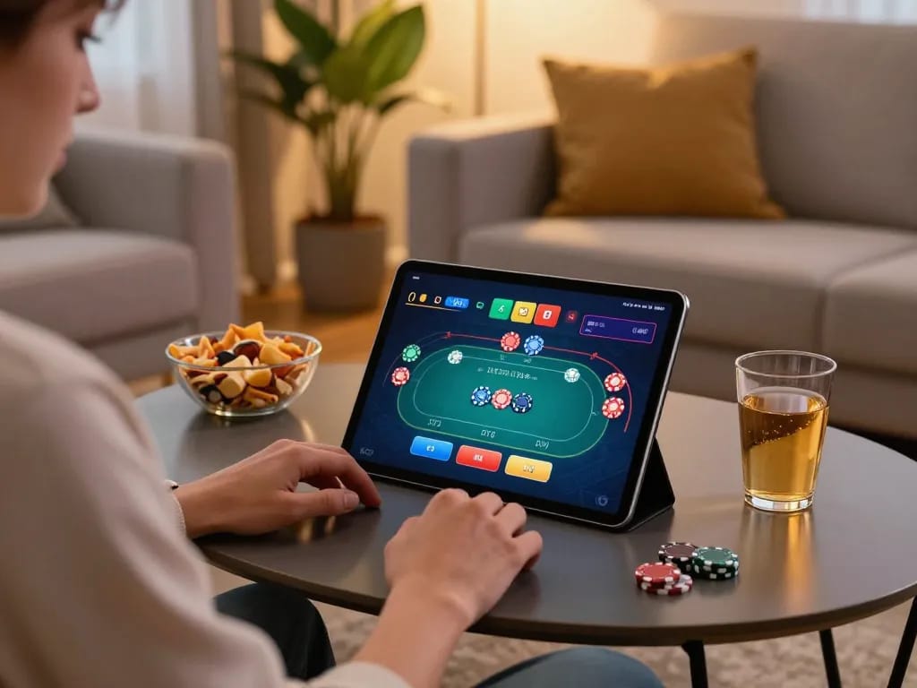 Engaging poker gameplay on tablet with JPTOTO interface in a cozy home setting