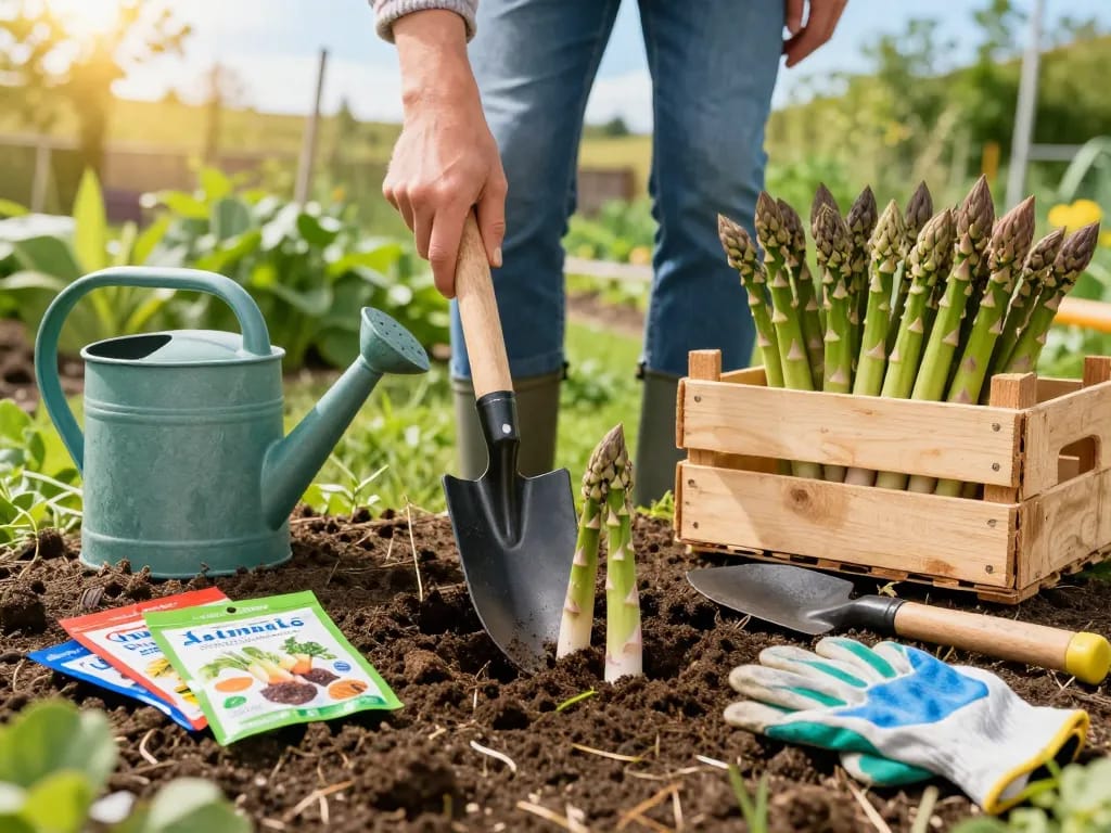 Gardener planting aspergeklauwen kopen with vibrant garden tools and fresh asparagus harvest.
