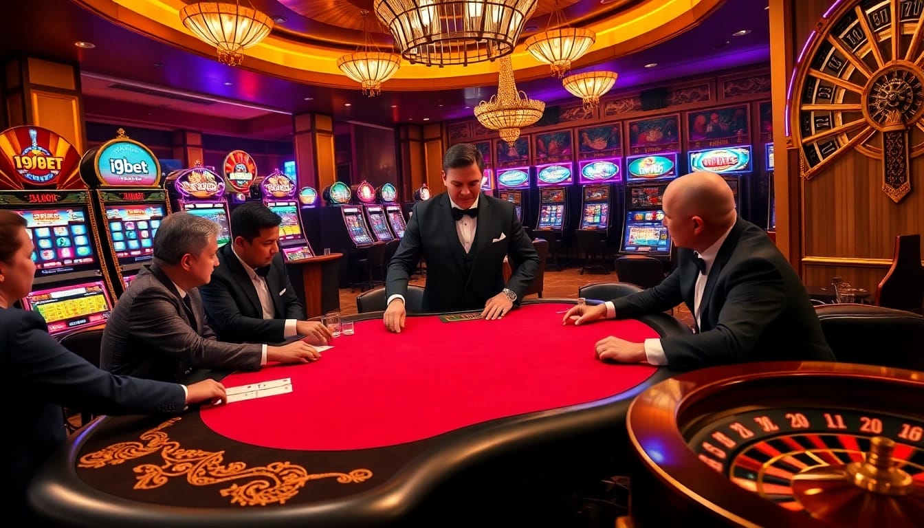 Engaging poker players at an i9bet casino table surrounded by vibrant slot machines.
