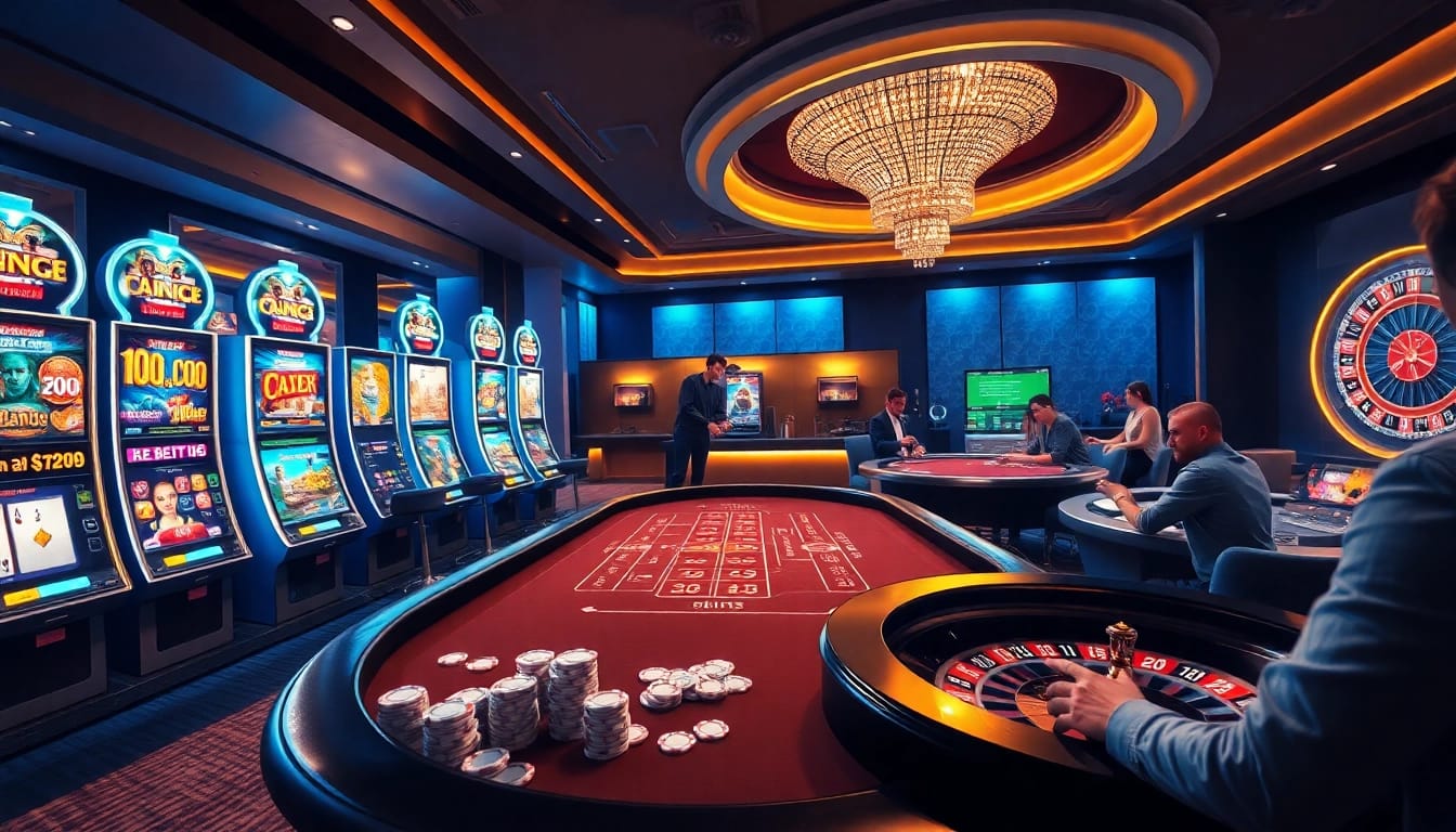 Engaging gameplay at https://m-100cuci.net/ with vibrant slot machines and a professional poker table.