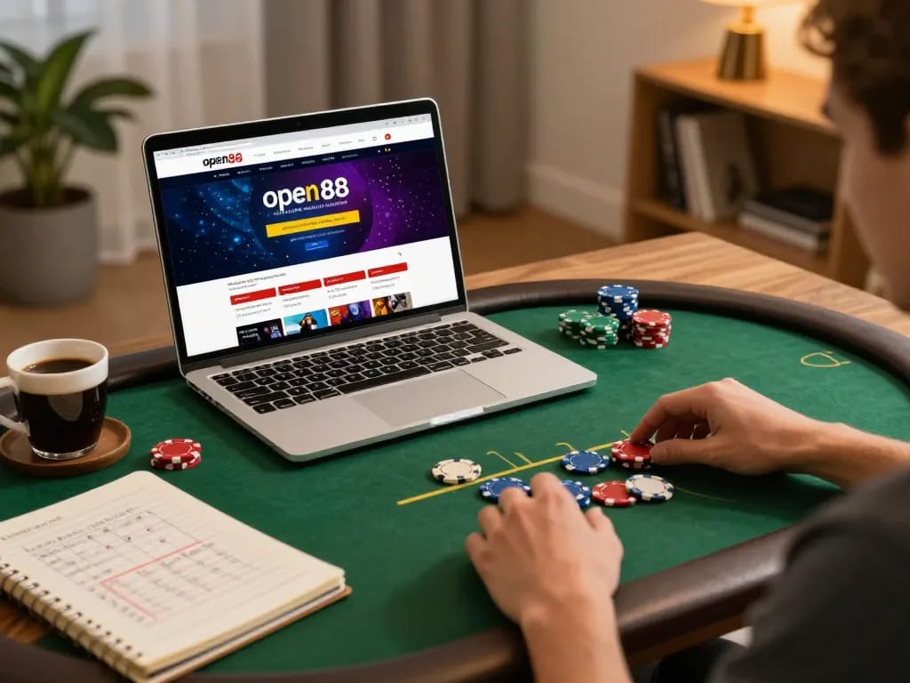 Betting on open88 from a cozy home office setup, highlighting strategic poker gameplay.