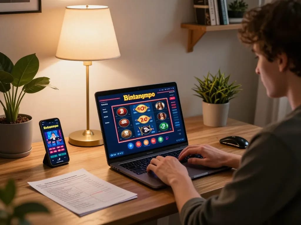 Pengguna Bintangmpo terlibat dalam slot online, menunjukkan pengaturan kasino rumahan yang strategis.