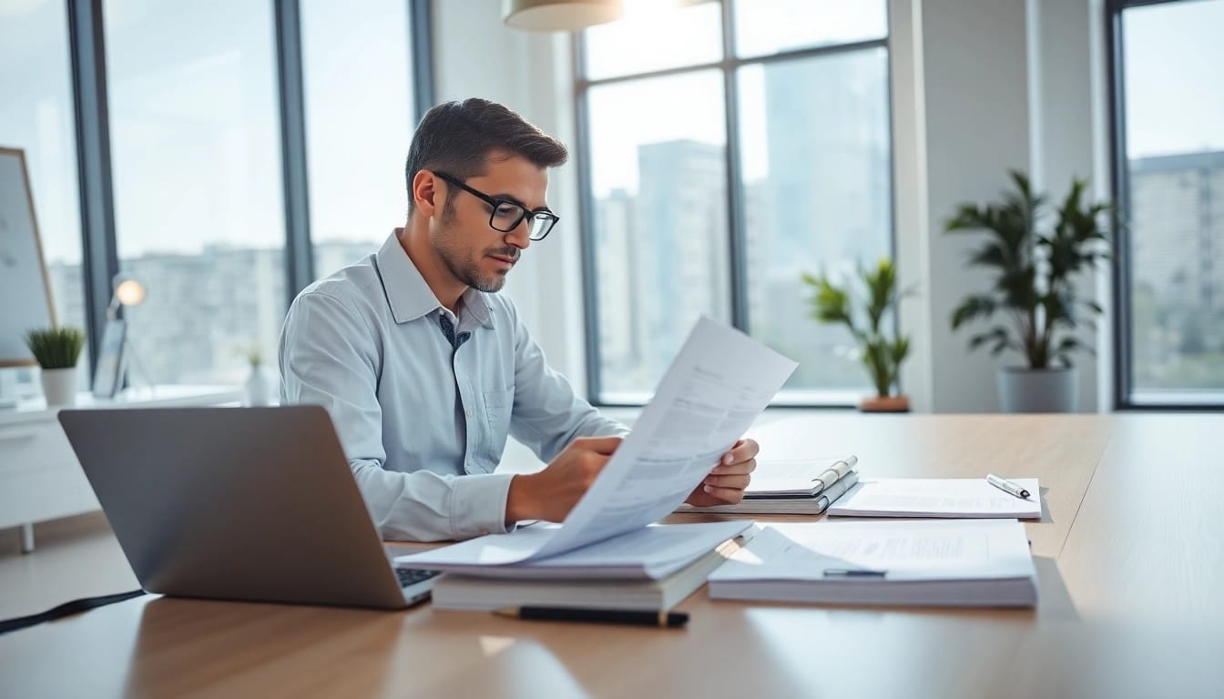 Expertly analyzing FCPA/DCAA/Flowdown/ITAR/EAR compliance documents in a bright office.