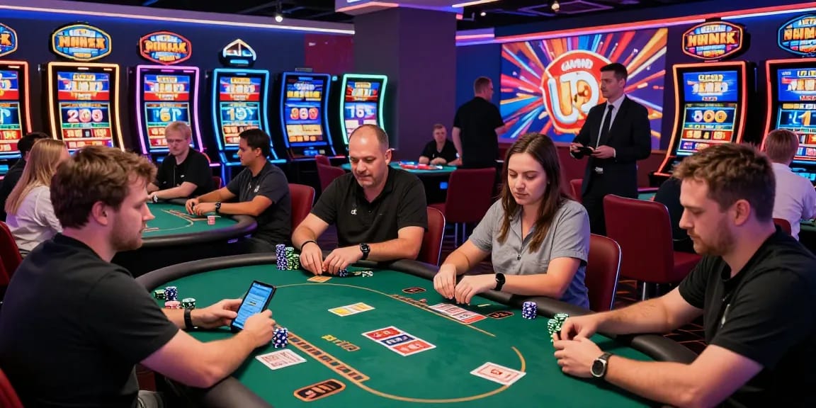 Players enjoying games at a vibrant casino non uk, showcasing lively atmosphere and digital interfaces.