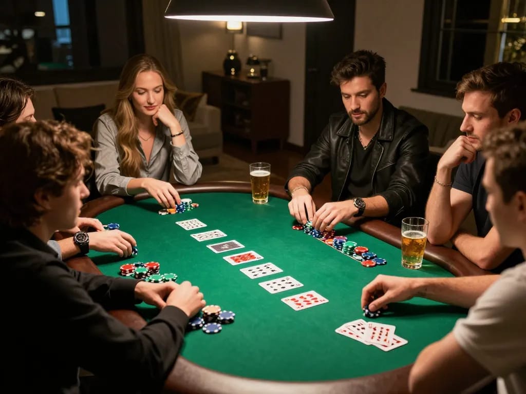 Friends engaging in a lively poker game at home, illustrating the excitement of fly88 gambling.