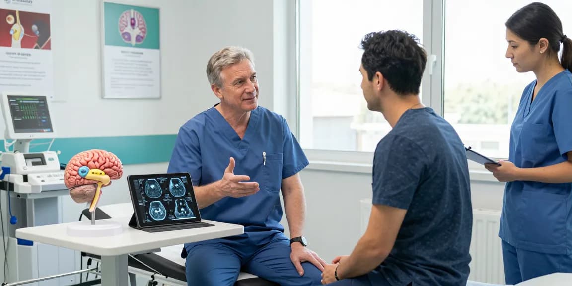 Beyin ameliyatı consultation in a bright hospital room, surgeon discussing treatment options with patient.