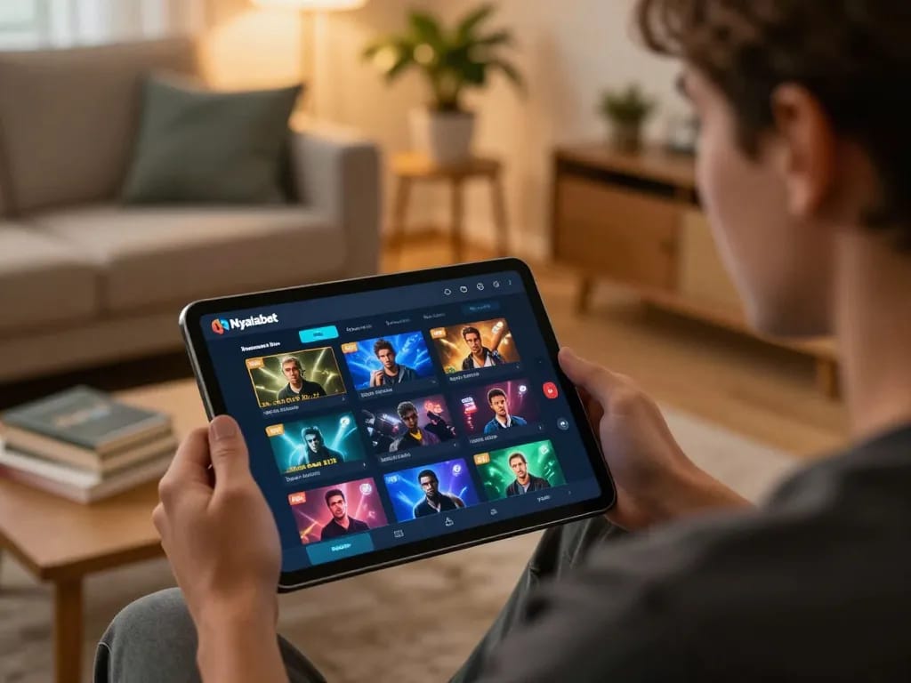 Nyalabet user placing bets on a tablet while relaxing at home, depicting online gambling strategy
