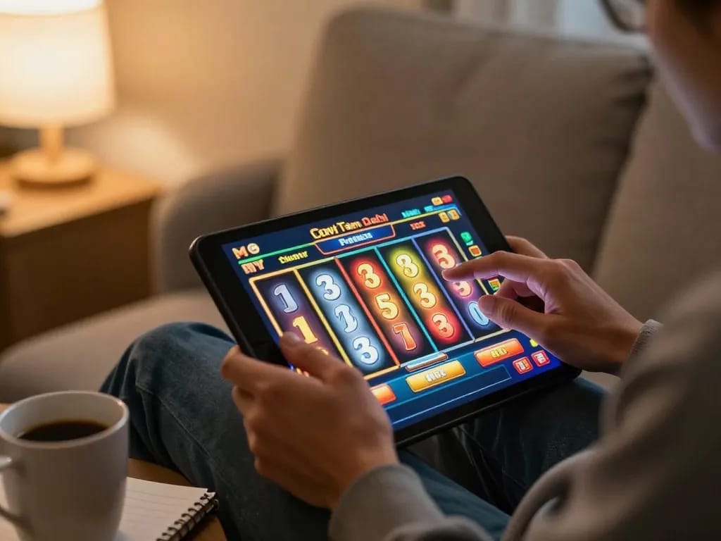 Engaging in slot deposit 2rb game on tablet during cozy home gaming session