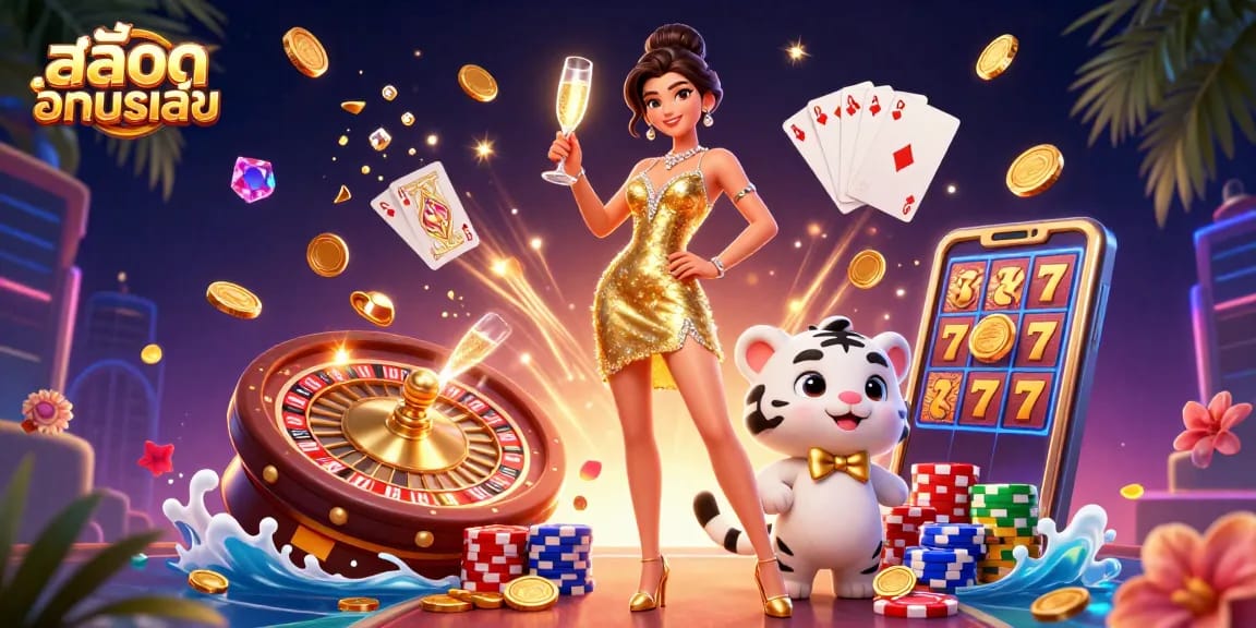 Engage in สล็อตทดลองเล่น with glamorous characters at a vibrant casino scene featuring slot games.